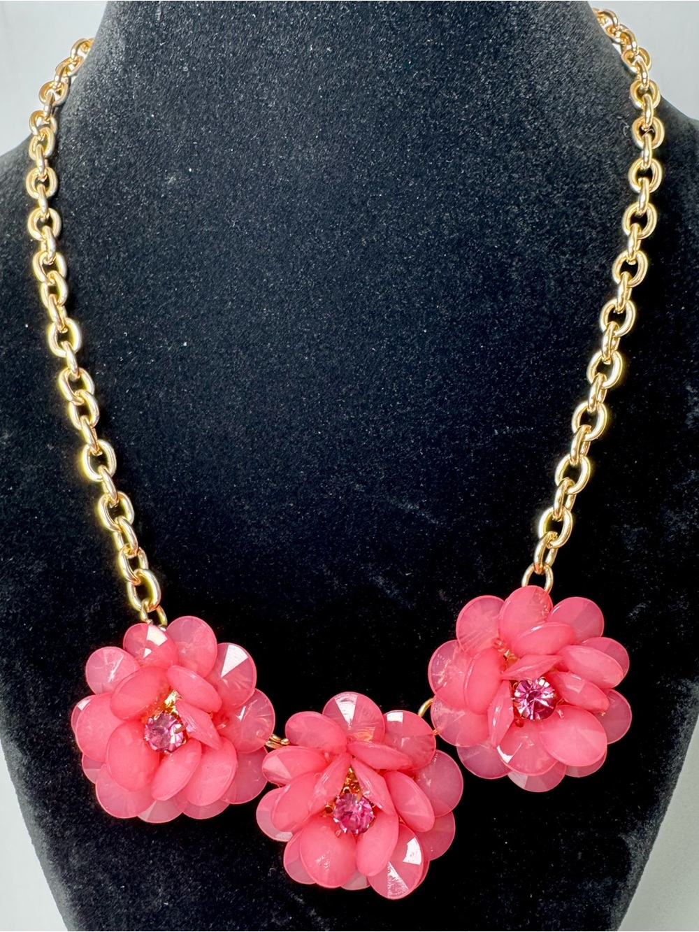 Gold-tone Chain Necklace with Pink Floral Crystal & Lucite Pendant Trio #1733